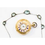 An 18k gold ladies half hunter fob watch, enamelled outer dial (af), Roman numerals,