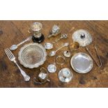 A collection of various silverware comprising white metal butter dish, ink well (af) part trophies,