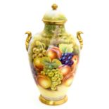 A Claremont Fine China fruit painted vase, twin handled,