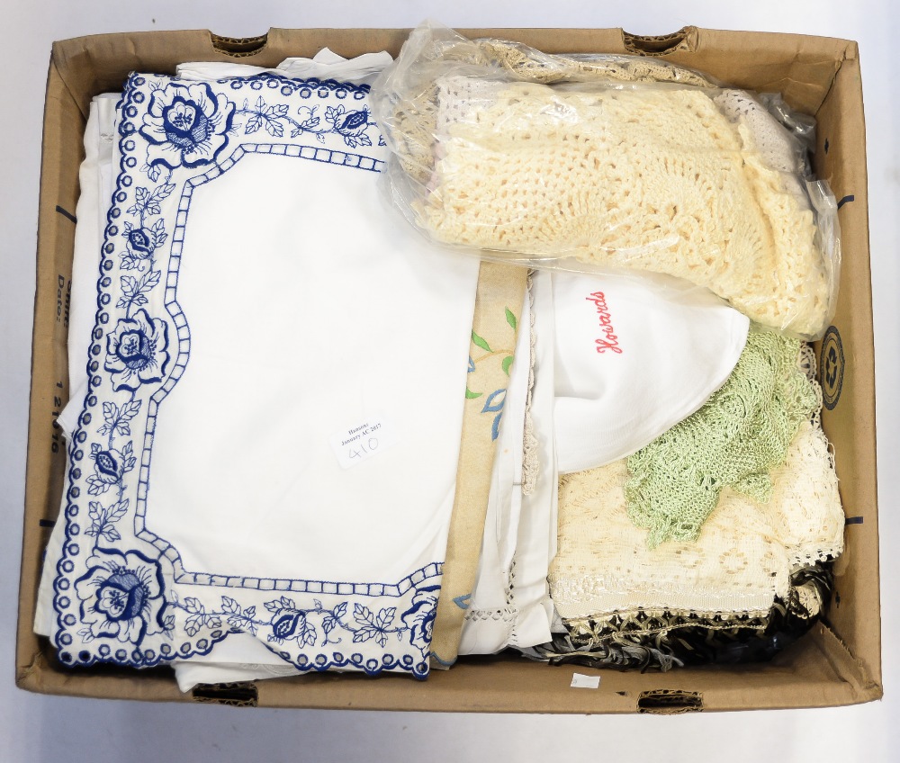 A box of table linen, including tray cloths, napkins,