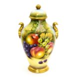 A Claremont Fine China fruit painted vase and cover, twin handled,