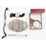 A silver nurses belt buckle, a Victorian silver pocket watch,