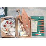 A model yacht, with a boxed Aston Martin DB5, Jaguar E-Type, Commemorative ware, etc,