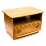 An Ercol Windsor light elm and ash corner TV stand, with rear drop leaf,