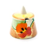 Clarice Cliff for Newport Pottery, a Nasturtium conical mustard pot and cover,