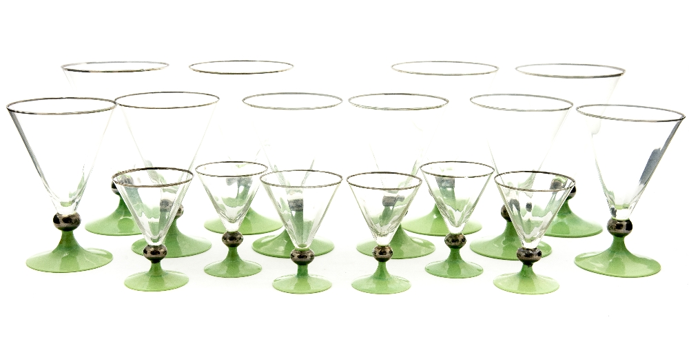 A group of sixteen circa 1920s cocktail style glasses, four large, six medium, six small,