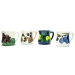 Four Moorcroft tubelined mugs, squat waisted baluster form with various floral and fruit designs,