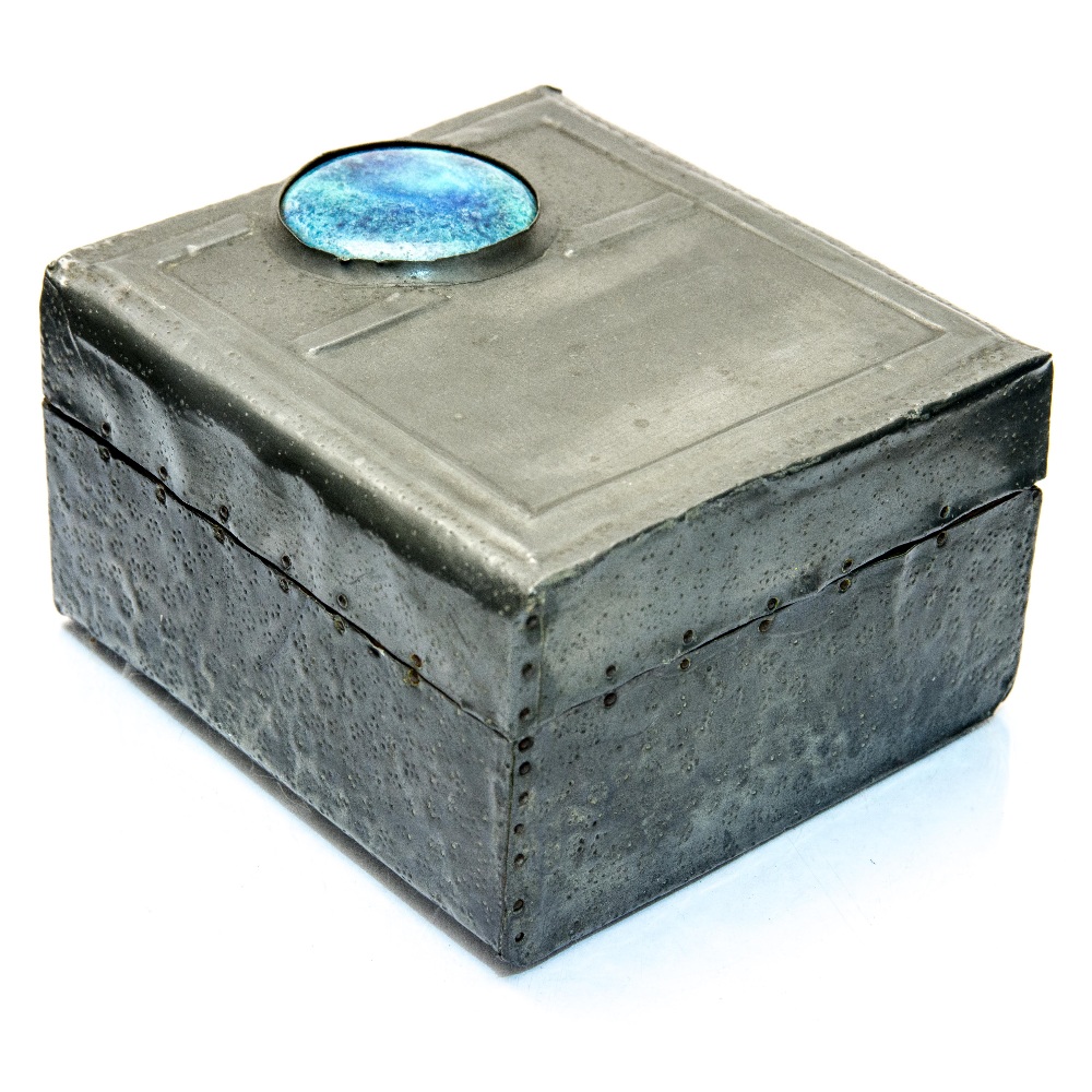 An Arts and Crafts pewter box set with a Ruskin high fired cabouchon, Secessionist style,