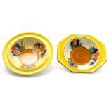 Clarice Cliff for Wilkinson and Newport Pottery, two Crocus pattern bowls, one with octagonal rim,