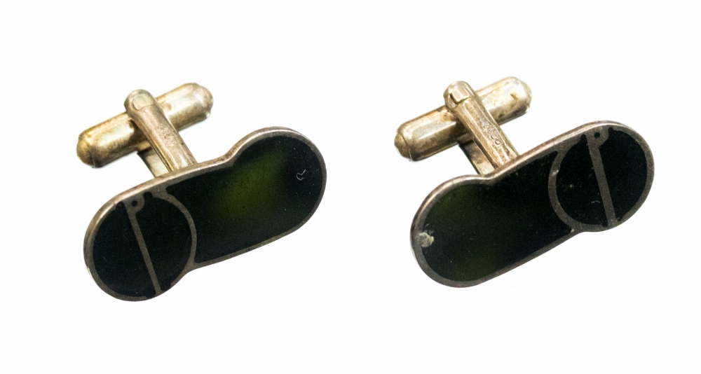 Alfred Dunhill, a pair of silver and enamelled cufflinks, black enamelling and d logo,