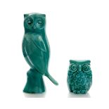 Two Anglia Pottery, Billinghay, figures of owls, turquoise glaze, incised marks and one with label,