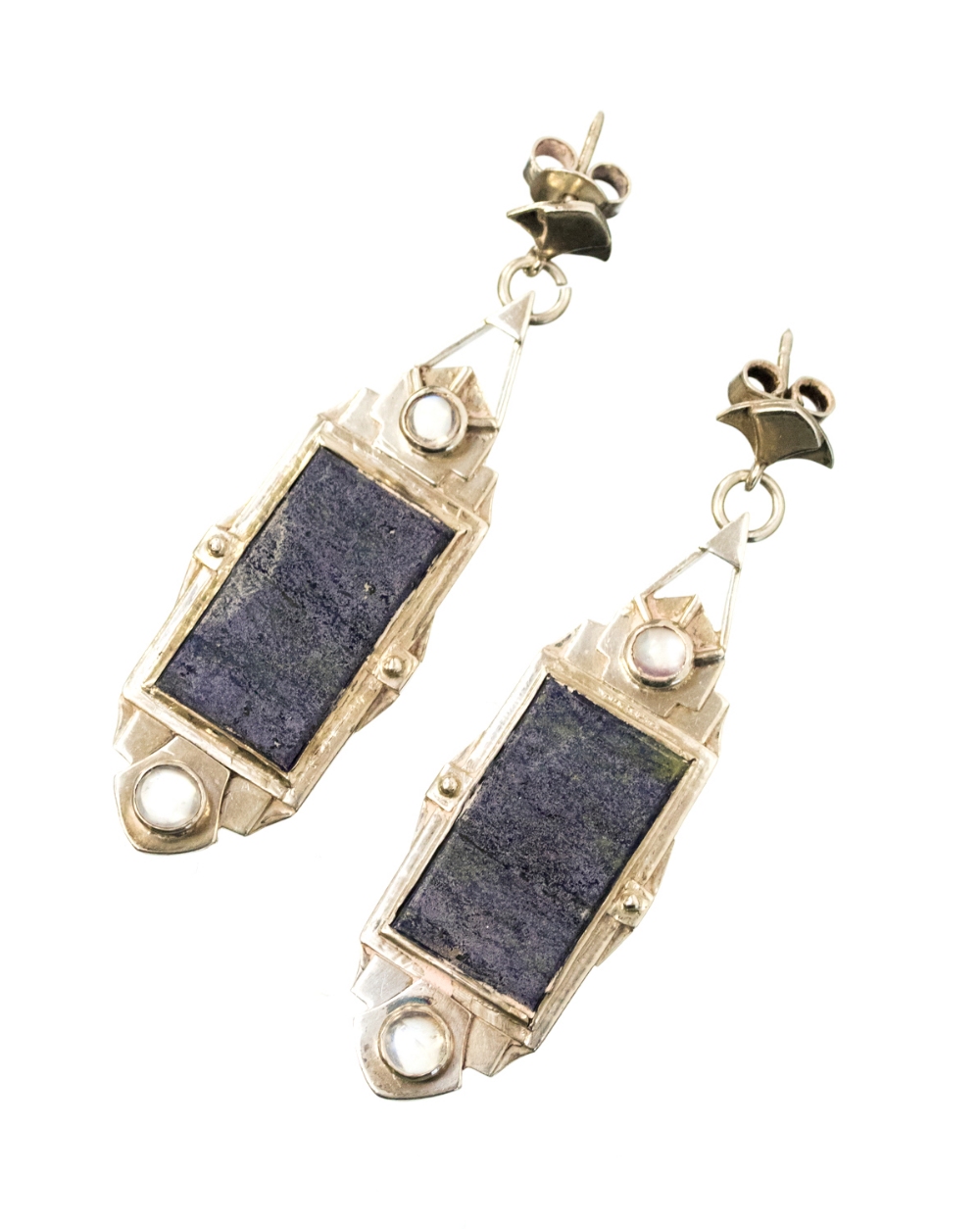 A pair of Art Deco style white metal, hardstone and moonstone earrings,