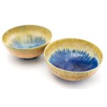 Two Art Deco Ruskin Pottery crystalline glaze bowls, yellow to blue, impressed marks 1927,