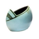 Carol Daw, a studio pottery vase, ovoid geometric form with incised motifs, angle cut opening,