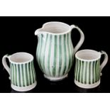 Rye Design Team for Rye Pottery, a Cottage stripe jug and two mugs, vertical green stripe design,