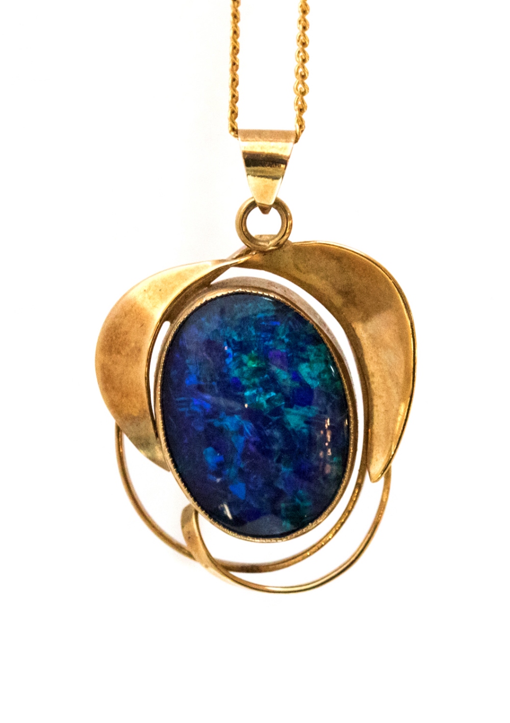 A Modernist 9 carat gold and opal pendant on chain,