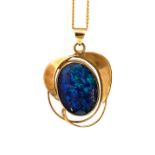 A Modernist 9 carat gold and opal pendant on chain,