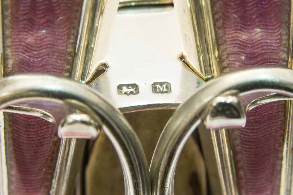 An Art Deco silver and enamelled manicure set and stand, pink guilloche enamel, - Image 2 of 2