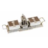 An Art Deco Ronson Touch Tip lighter desk tray, chrome and oxidised metal, twin handled,