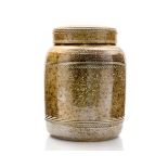 Toff Milway, a studio pottery stoneware jar and cover, cylindrical form, salt glazed, seal mark,