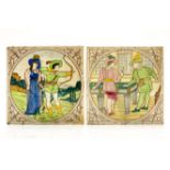 A pair of Aesthetic Movement tiles, archery and billiards,