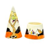 Clarice Cliff for Newport Pottery, a Tulip pattern conical salt shaker and mustard pot,