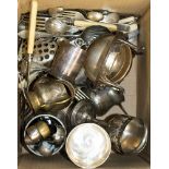 Box of mixed plated wares to include a single hallmarked Silver William IV spoon.