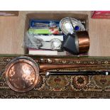 An Elkington copper pan, with a box of metalware, cased flatware, hunting horn,