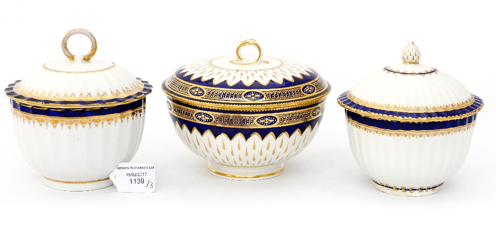 Two late 18th Century Derby sugar bowls and sauce bow,