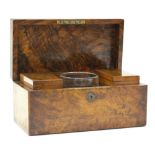 Victorian burr walnut two box tea caddy, the centre with period cut glass bowl,