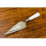 A silver trowel bookmark with mother of pearl handle, hallmark Birmingham 1920,