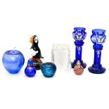 A collection of glass to include: Ditchfield style fruit, Langham Glass puffin and others various.