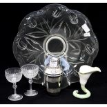 A Lalique style shallow bowl, two wine glasses,