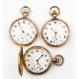 A gold plated full Hunter pocket watch; together with two gold plated pocket watches,