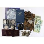 A bag of coins and banknotes, include Shilling 1709, Crowns 1935, 1951 x 3, 1953 x 2, 1960,