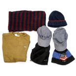 A Lacoste khaki wool sweater, a matching burgundy and navy scarf and a beanie hat by H and M,