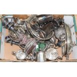 A box of EPNS, including coffee and tea wares, salts,