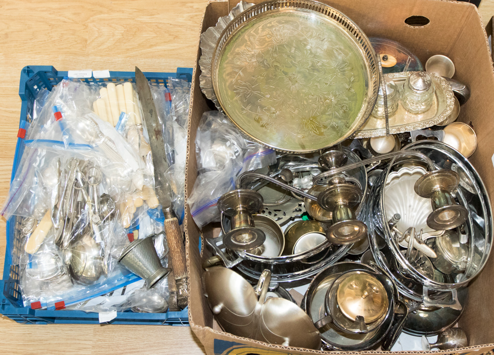 A box of assorted EPNS and white metal and a quantity of flatware (2 boxes)