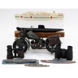 A collection of various Military models and Binoculars: WW2 Harley-Davison despatch riders