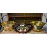 Collection of copper and brass jam pans and charger and seven imperial weights.