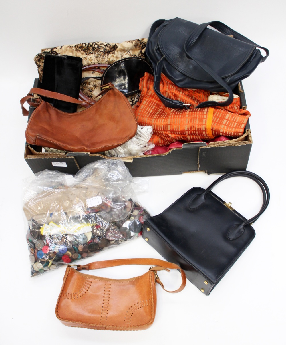 Leather handbags, textiles, bag of buttons,