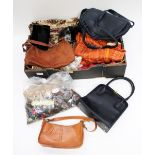 Leather handbags, textiles, bag of buttons,