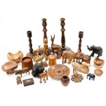 A box of treen including Black Forest style carvings,