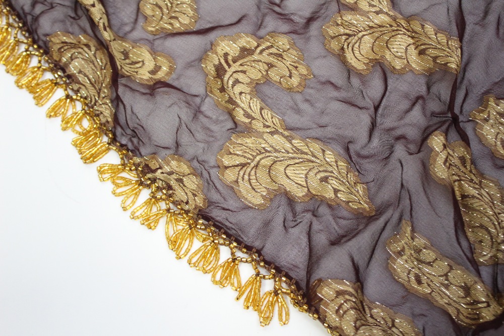 Two triangle chiffon embellished scarves, the burgundy one in chiffon, - Image 3 of 3