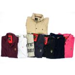 A khaki shirt by Dreslexic Collection (Lion badge on arm) a raspberry pink Polo shirt by Luke,