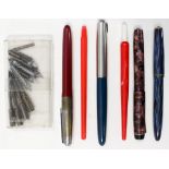 A collection of various fountain pens comprising a 14ct nib pen and three others, plus nibs,