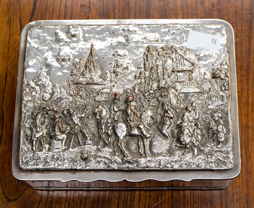 A silver plated box with embossed lid,