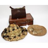 An Ostrich ladies handbag, a ladies straw boater, fan,