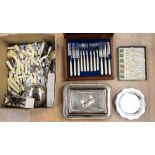 A box of platedwares to include cutlery and flatware