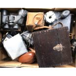 A box containing a large quantity of assorted cameras, mostly mid 20th Century leather cased camera,